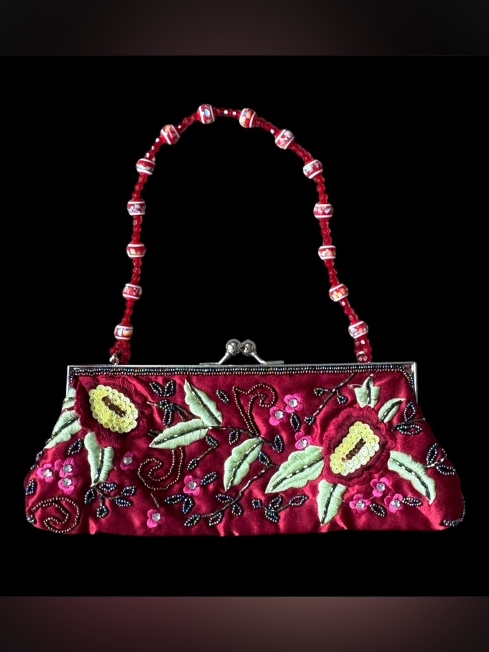 🌺 Floral Embroidered Beaded Red Satin Clutch Handbag